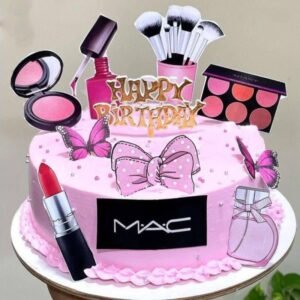 Girls k liye pink color ka makeup theme birthday cake design jis par cosmetic toppers lage hain, aesthetic cake Karachi.