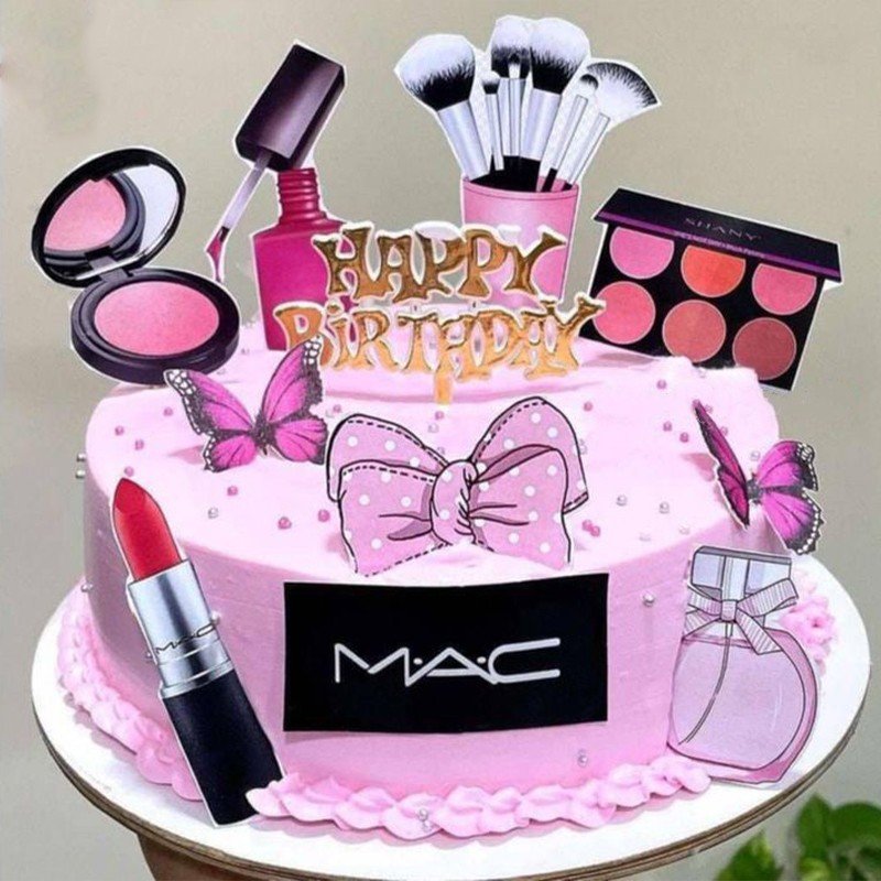 Girls k liye pink color ka makeup theme birthday cake design jis par cosmetic toppers lage hain, aesthetic cake Karachi.
